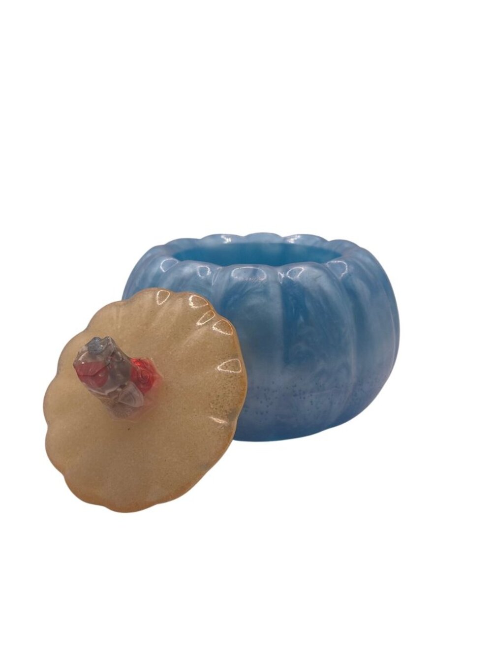Handmade Pumpkin Shaped Trinket Jar Seashell Sand Lid Blue 3.5 in Summerween
